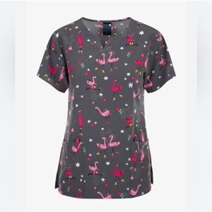 Zoe & Chloe "Let's Roll" flamingo print women's stretch notch neck scrub top. 
